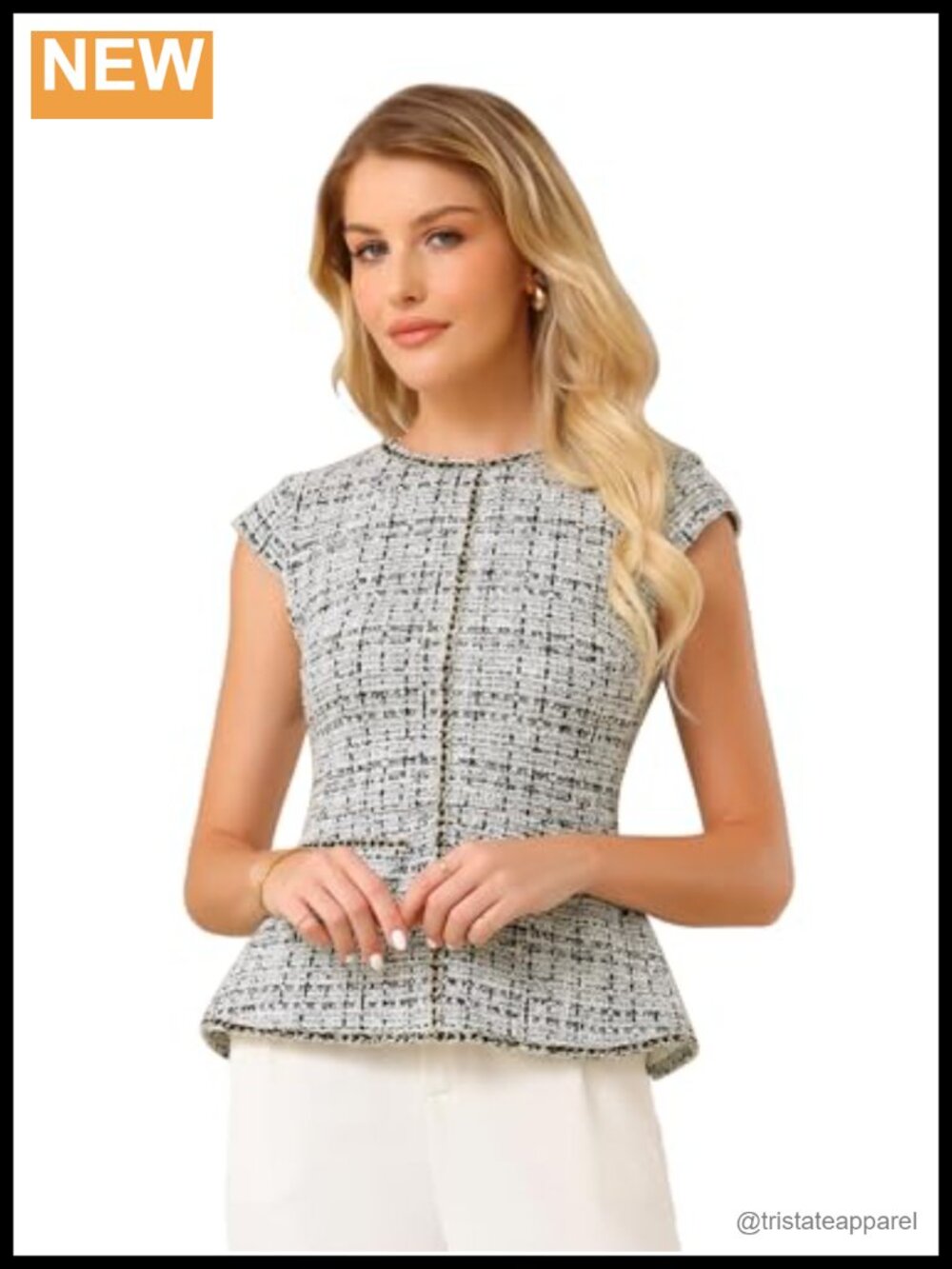Tweed Peplum Blouse Zip Back Sleeveless Business Office Top